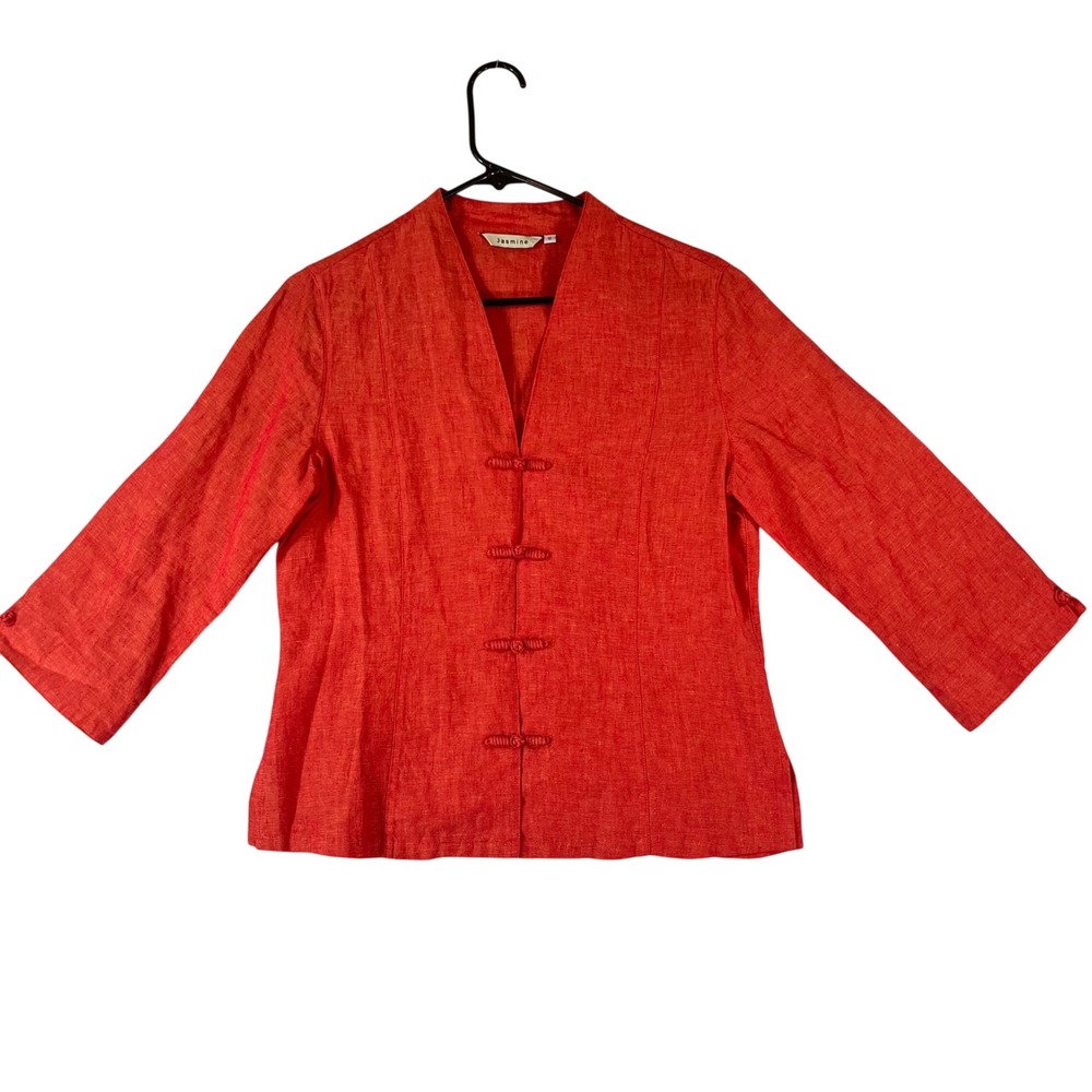 Jasmine Blouse Women S 100% Linen Frog Knot Closure Mandarin Collar Red Orange